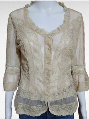 Coldwater Creek Vintage Cream Sheer Lace Button-Front Top